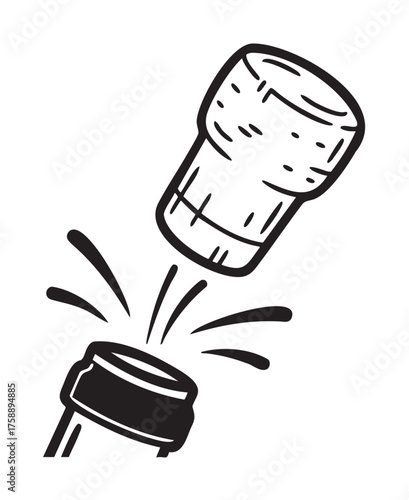 Black outline vector icon of a champagne cork popping out of a bottle with celebratory motion lines indicating explosion.