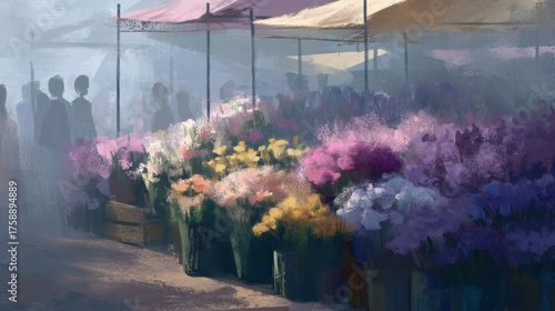 Digital painting of a flower market. it shows a group of people walking through the market, with a variety of colorful flowers in pots on the right side of the image.