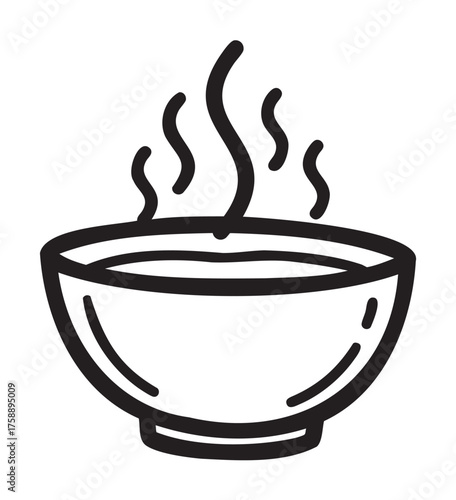 Black outline icon of a steaming bowl, depicting freshly prepared hot food with wavy lines indicating steam.