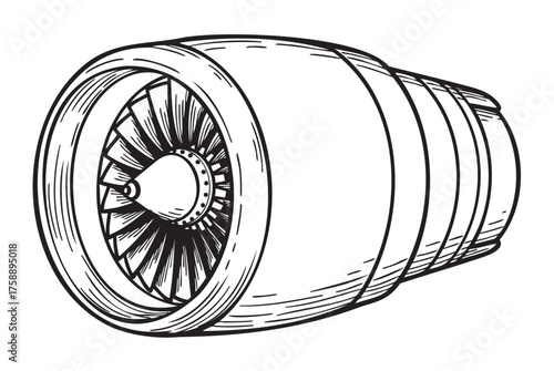 Black and white sketch of a jet engine turbine with detailed geometric components and a circular front view.