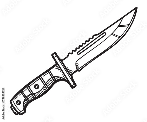 Black outline vector icon of a tactical combat knife with a serrated edge and detailed handle design shown at an angle.