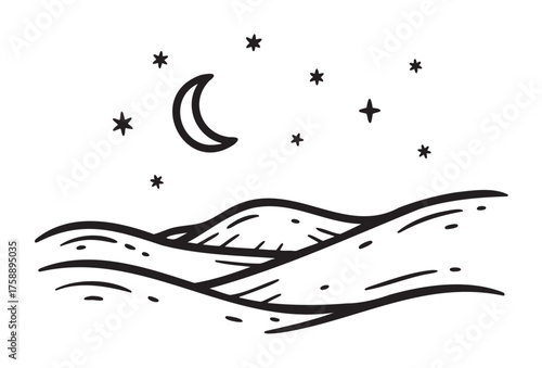 Simple black outline of a crescent moon and stars above rolling hills, depicting a serene nighttime scene.