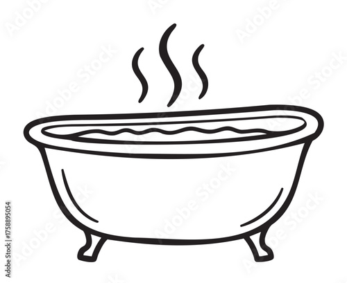 Black outline vector icon of a clawfoot bathtub with steam rising, suggesting warmth and relaxation. minimal design for home and spa themes.