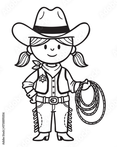 Black outline illustration of a young caucasian female child dressed as a cowboy, wearing a hat and holding a rope.