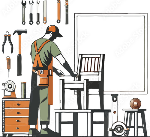 Carpenter working on chair with tools and workbench