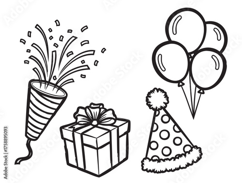 Black and white line art depicting a party hat with polka dots, a wrapped gift with a bow, a bunch of three balloons, and a party popper releasing confetti.