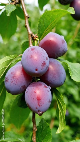 Close up of ripe plums hanging from a tree branch with green leaves