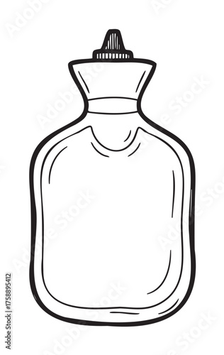 Black outline drawing of a classic hot water bottle with a screw cap. simple and minimalistic design for health and comfort concepts.