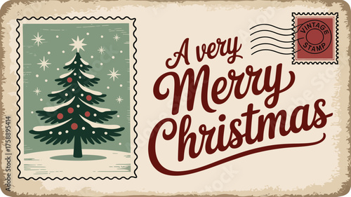 Vintage christmas card with decorated tree and merry christmas greeting