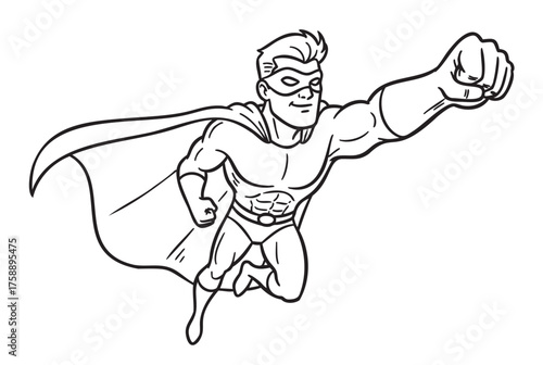 Black and white outline of a male superhero with a cape, flying in a dynamic pose, showcasing muscular build and determination.