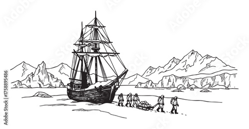 Black and white illustration of explorers pulling a sled across icy terrain toward a classic wooden sailing ship with snow-covered mountains in the background.