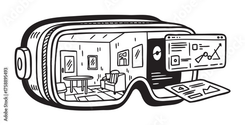 Black outline drawing of virtual reality goggles displaying a room with furniture and floating digital screens, illustrating technology and augmented reality concepts.