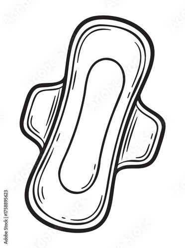 Black outline drawing of a sanitary pad with wings, illustrating feminine hygiene concepts.