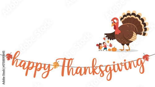 Cute cartoon turkey with children and pumpkins celebrating happy thanksgiving