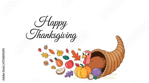 Happy thanksgiving cornucopia with turkey and autumn harvest