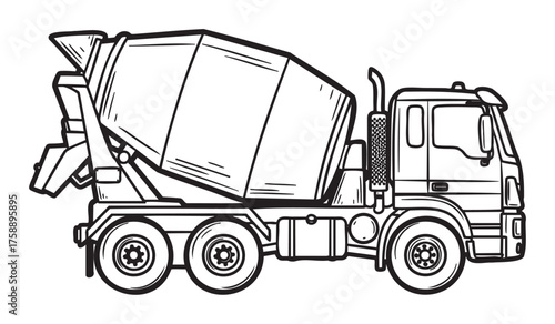 Black outline drawing of a concrete mixer truck with a large rotating drum and six wheels, designed for transporting and mixing concrete for construction projects.