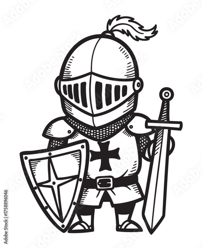 Black and white cartoon illustration of a medieval knight equipped with a sword, shield, and helmet featuring a plume.