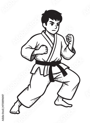 Black and white illustration of a young asian male karate fighter in a combat stance wearing a traditional martial arts uniform.