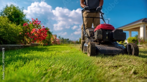 A person mowing the grass in a well-maintained yard, showcasing a lush landscape on a sunny day. The lawnmower neatly trims the green blades under a bright blue sky.