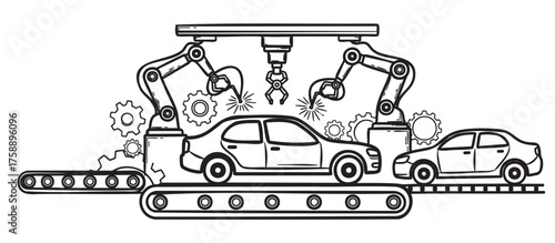 Black and white line drawing of an automated car manufacturing assembly line with robotic arms, conveyor belts, and gears.