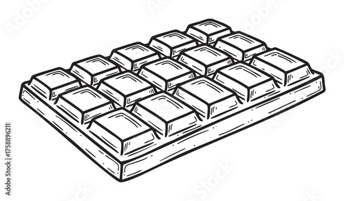 Black and white outline drawing of a chocolate bar with a grid pattern consisting of multiple square segments.