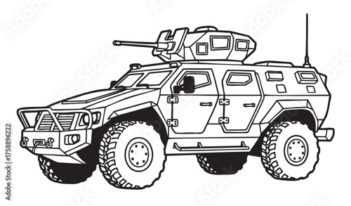 Black outline drawing of a military armored vehicle with heavy-duty tires and a mounted turret, showcasing its rugged design and tactical features.