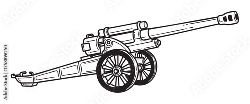 Black outline drawing of a classic artillery cannon with large wheels and a long barrel, depicting historical military equipment.