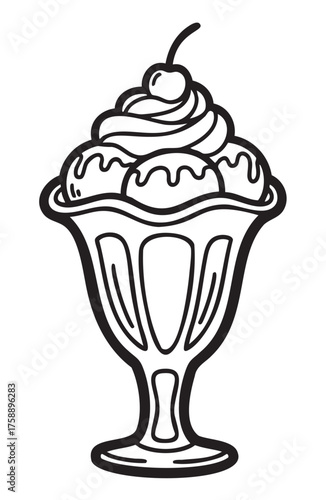 Black outline drawing of a classic ice cream sundae in a fluted glass, topped with whipped cream and a cherry.