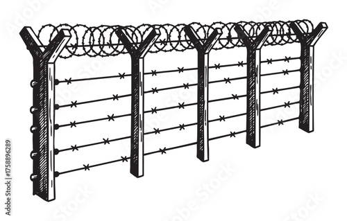 Black and white drawing of a barbed wire fence with wooden posts and coiled razor wire on top, emphasizing security and boundary concepts.