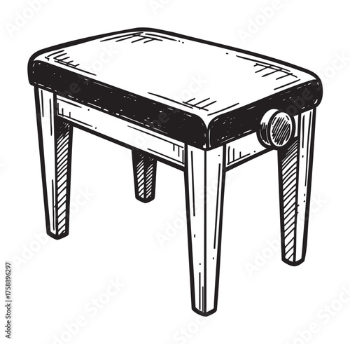 Black and white sketch of a simple wooden stool with four legs and a slightly cushioned top, designed in a minimalist style.