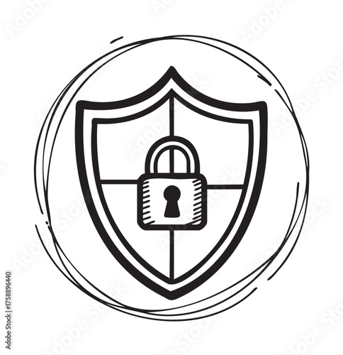 Black outline icon of a shield with a central padlock, representing security and protection within a circular design.