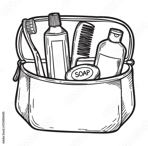 Black and white line drawing of an open toiletry bag containing a toothbrush, toothpaste, comb, soap, and a bottle of liquid.