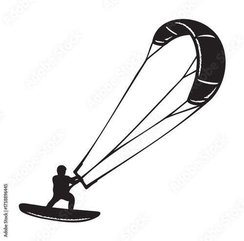 Black silhouette of a person kiteboarding with a large, arched kite and lines, demonstrating an adventurous water sport activity.