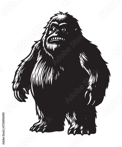 Black silhouette of a bipedal, hairy creature resembling a mythical beast with a fierce expression.