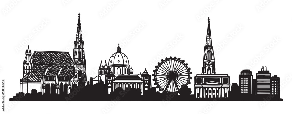 Fototapeta premium Black silhouette of a city's skyline featuring detailed historic landmarks, a large ferris wheel, and modern buildings, representing a blend of architecture.