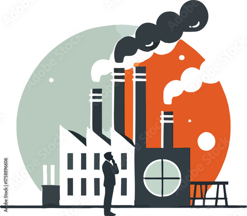 Man contemplating industrial factory with smoke stacks