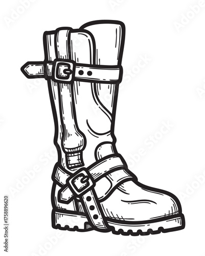 Black and white vector drawing of a tall leather boot with multiple buckles and straps, emphasizing rugged design and detailed stitching.