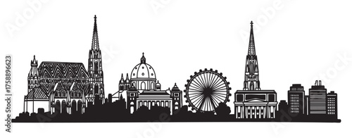 Black silhouette of a city's skyline featuring detailed historic landmarks, a large ferris wheel, and modern buildings, representing a blend of architecture.