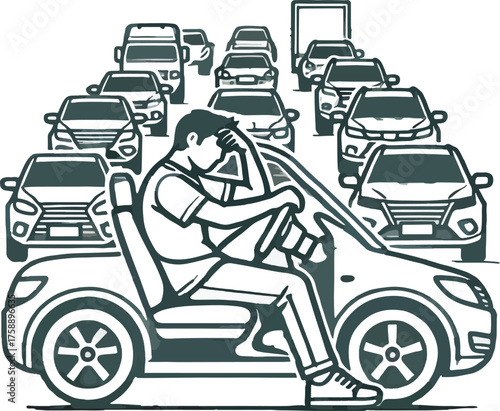Man frustrated in heavy traffic jam with cars driver