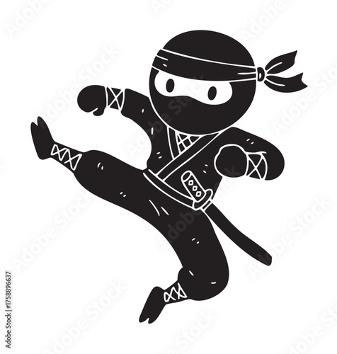 Black and white illustration of a ninja in a dynamic kicking pose, wearing traditional attire with a headband and mask.