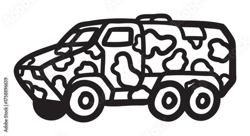 Black outline icon of a military armored vehicle with a camouflage pattern, featuring six wheels and angular design.