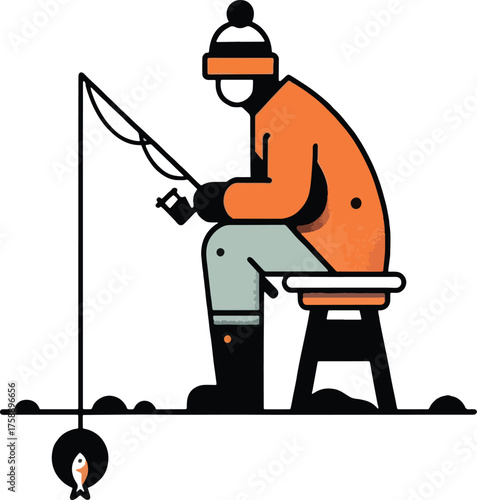 Man ice fishing with orange jacket and caught fish