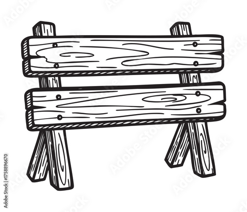 Black outlined drawing of a simple wooden signpost with two planks mounted on four sturdy legs, suitable for navigation and direction concepts.