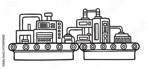 Black outline vector drawing of an industrial factory machine with conveyor belts and control panels in a simple linear style.