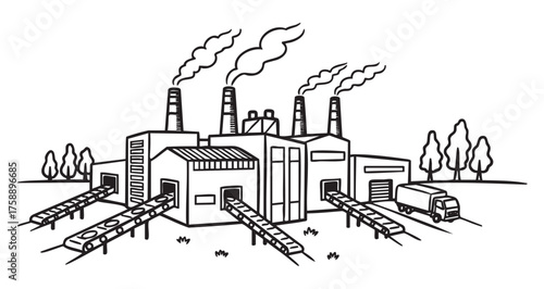 Black outline drawing of an industrial factory with multiple smoking chimneys, conveyor belts, and a delivery truck surrounded by trees.