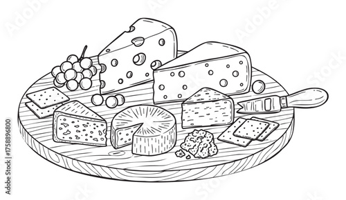 Black and white outline illustration of assorted cheese varieties with grapes and crackers on a round wooden board.