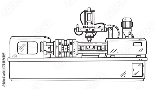 Black outline vector icon of an industrial injection molding machine with detailed components and control panel.