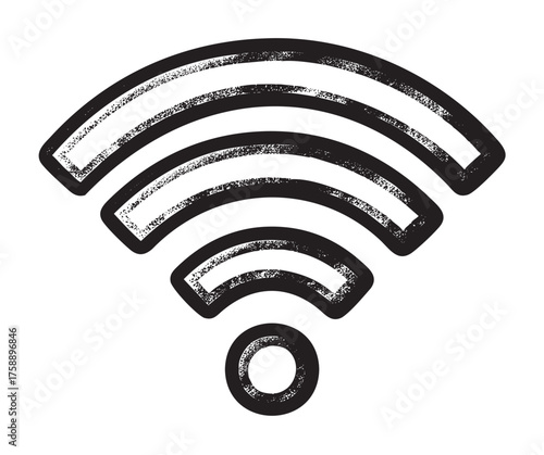 Grunge-style black and white wireless signal icon with a textured, distressed appearance and concentric arcs.
