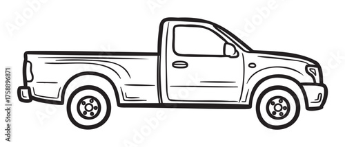 Black outline drawing of a simple pickup truck in a side view, showcasing its basic structure and design.