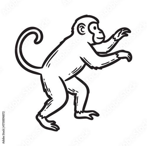 Black outline drawing of a monkey in a walking pose with a curling tail and extended arms.